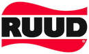 RUUD logo in black on white, with red wave accents above and below