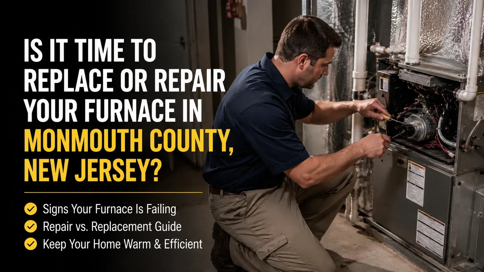 HVAC technician inspecting an open heating unit, illustrating Is It Time to Replace or Repair Your Furnace in Monmouth County, New Jersey?