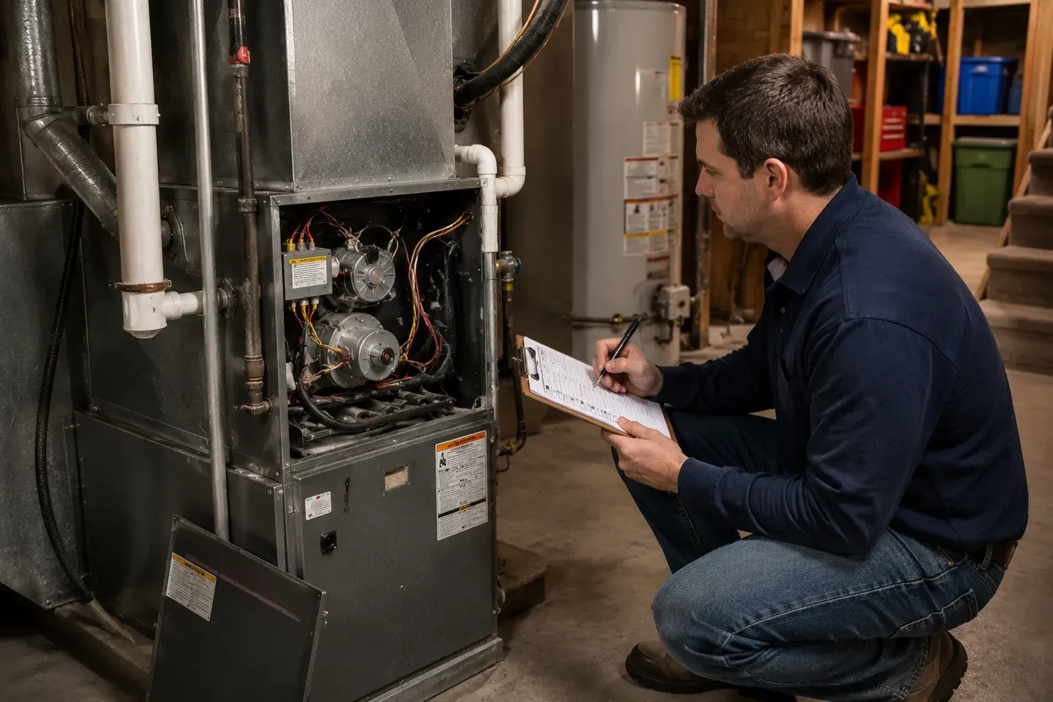 Technician inspecting filter to see is it time to replace or repair your furnace.