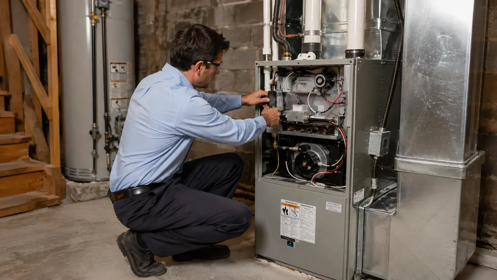 HVAC technician inspecting wiring and open furnace unit during a basement installation.