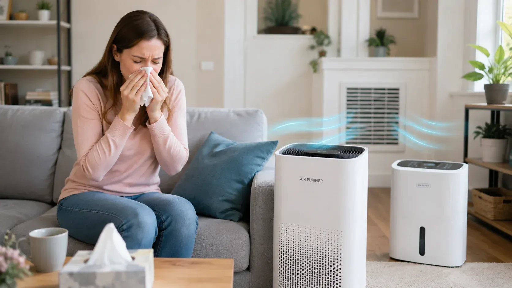 Woman sneezing in living room near running air purifiers for allergy relief.