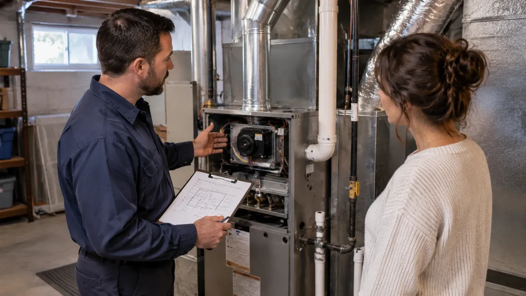 HVAC technician with clipboard discussing gas furnace with homeowner for sizing guide.