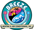 Breeze Heating & Air Conditioning logo with sunset, mountains, palm trees, and circular blue-red design