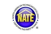 NATE certification logo with blue and yellow hexagon and surrounding text “North American Technician Excellence”