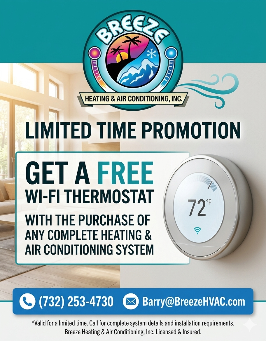 Breeze HVAC promo offering a free Wi‑Fi thermostat with purchase of a complete heating and AC system.