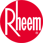 Rheem logo in white on a red circular background
