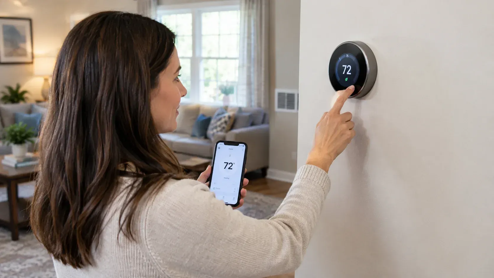 Woman in a cream sweater adjusting a wall-mounted smart thermostat to 72 degrees.