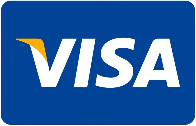 Visa logo in white on a blue background with a yellow accent