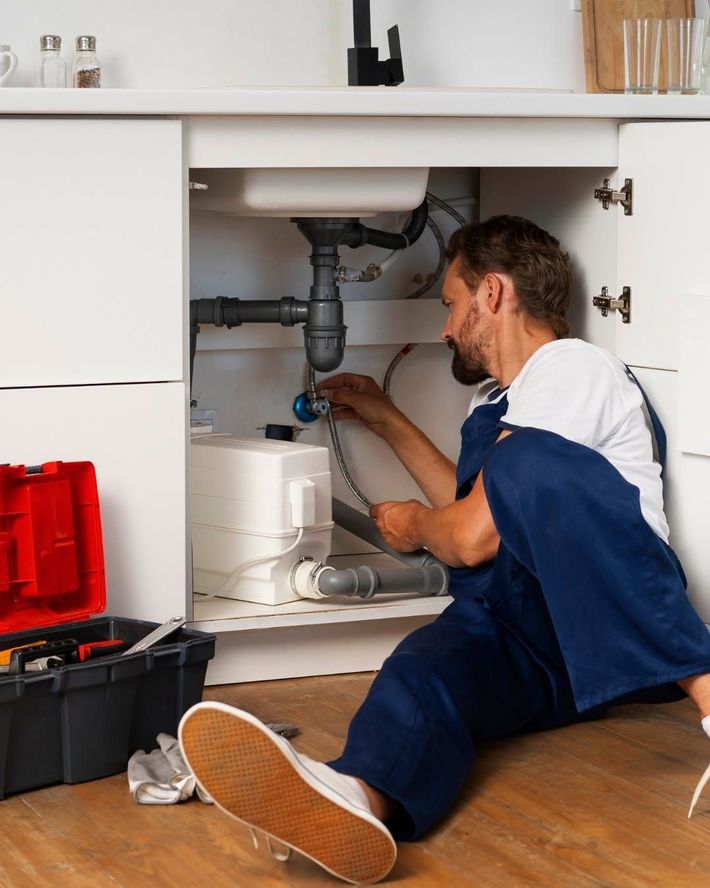 Plumber repairing pipes under a kitchen sink beside a white appliance and toolbox