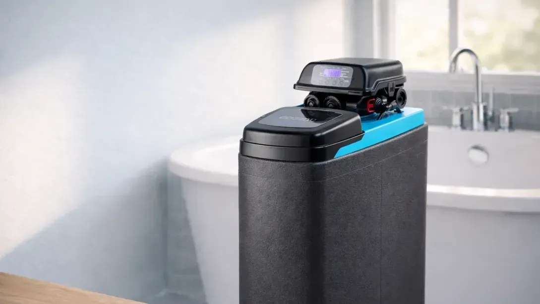 Black water dispenser with blue top on bathroom counter beside a sink and toilet
