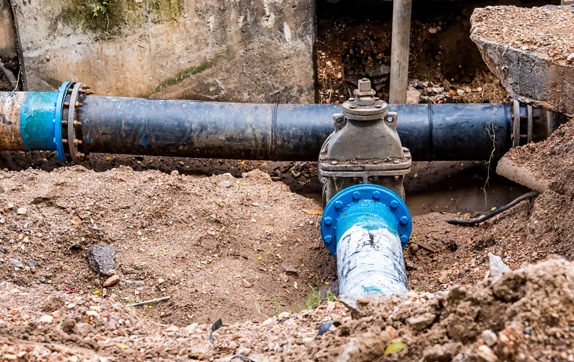 Exposed underground water pipe with a blue T-joint and black main line in a muddy trench