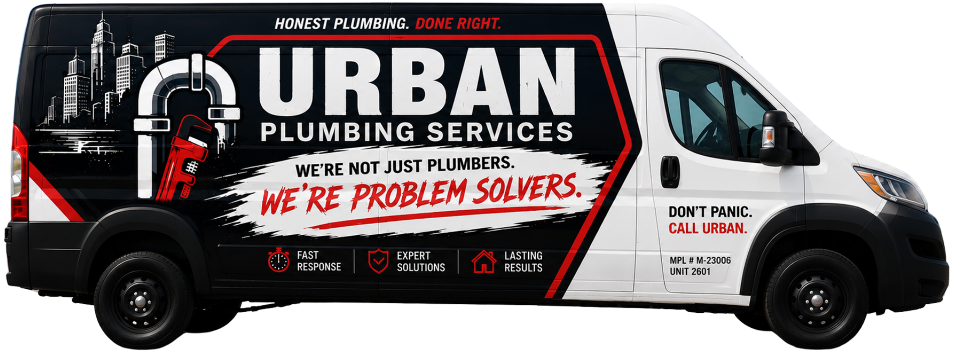 White Urban Plumbing Services van with red-and-black branding and service graphics on the side