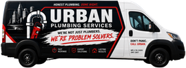 White Urban Plumbing Services van with red-and-black branding and service graphics on the side