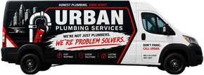 White Urban Plumbing Services van with red-and-black branding and service graphics on the side