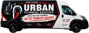 White Urban Plumbing Services van with red-and-black branding and service graphics on the side