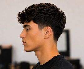 Profile view of a person with dark curly hair and a fade haircut in a barbershop setting