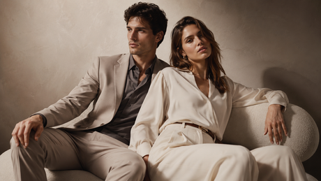 Due modelle in tailleur color crema posano su un divano beige davanti a uno sfondo neutro.