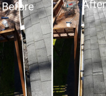 Comparison of roof and gutter before and after cleaning. Dark shingles, gutters, deck, and green lawn.