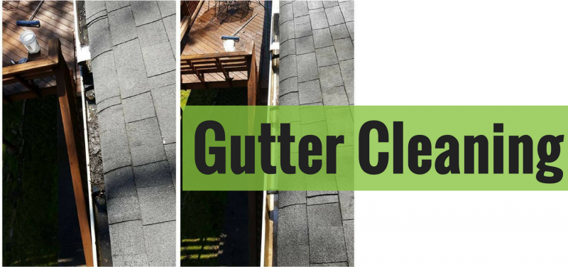 Gutter cleaning service ad, showcasing roof shingles and a green bar with 