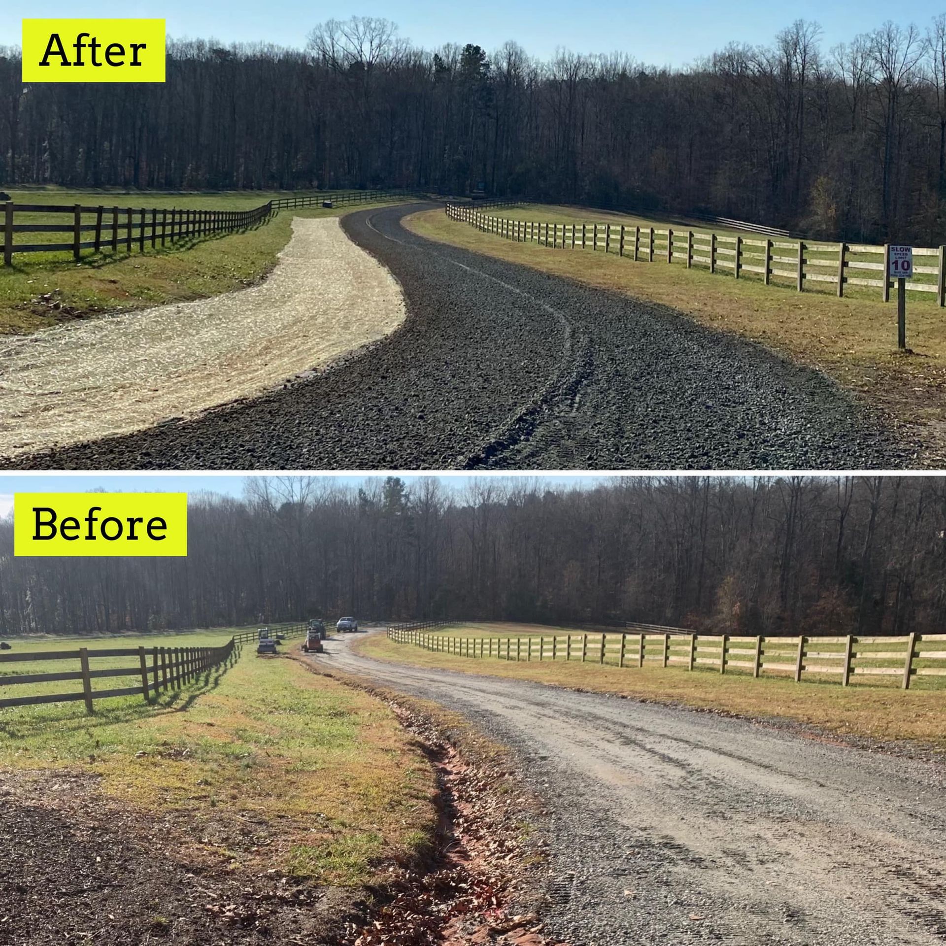 Before and after photo of a winding gravel road next to a wooden fence. The road changes from gray to light brown.