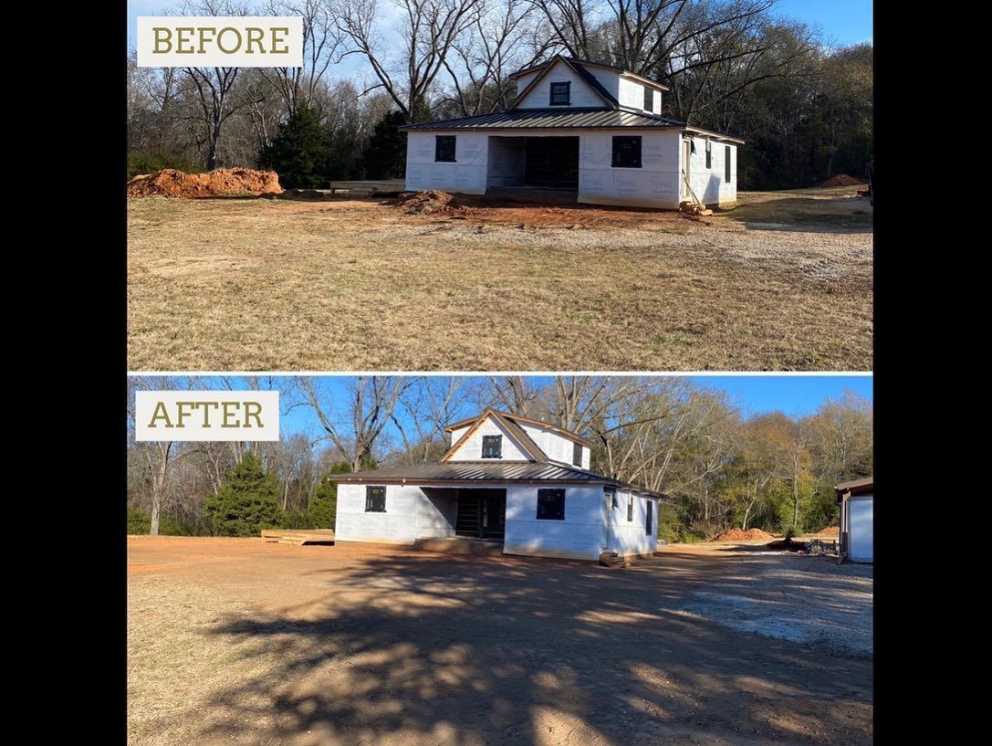 Before and after view of a white house. Grass field turns to dirt/gravel path. Blue sky.