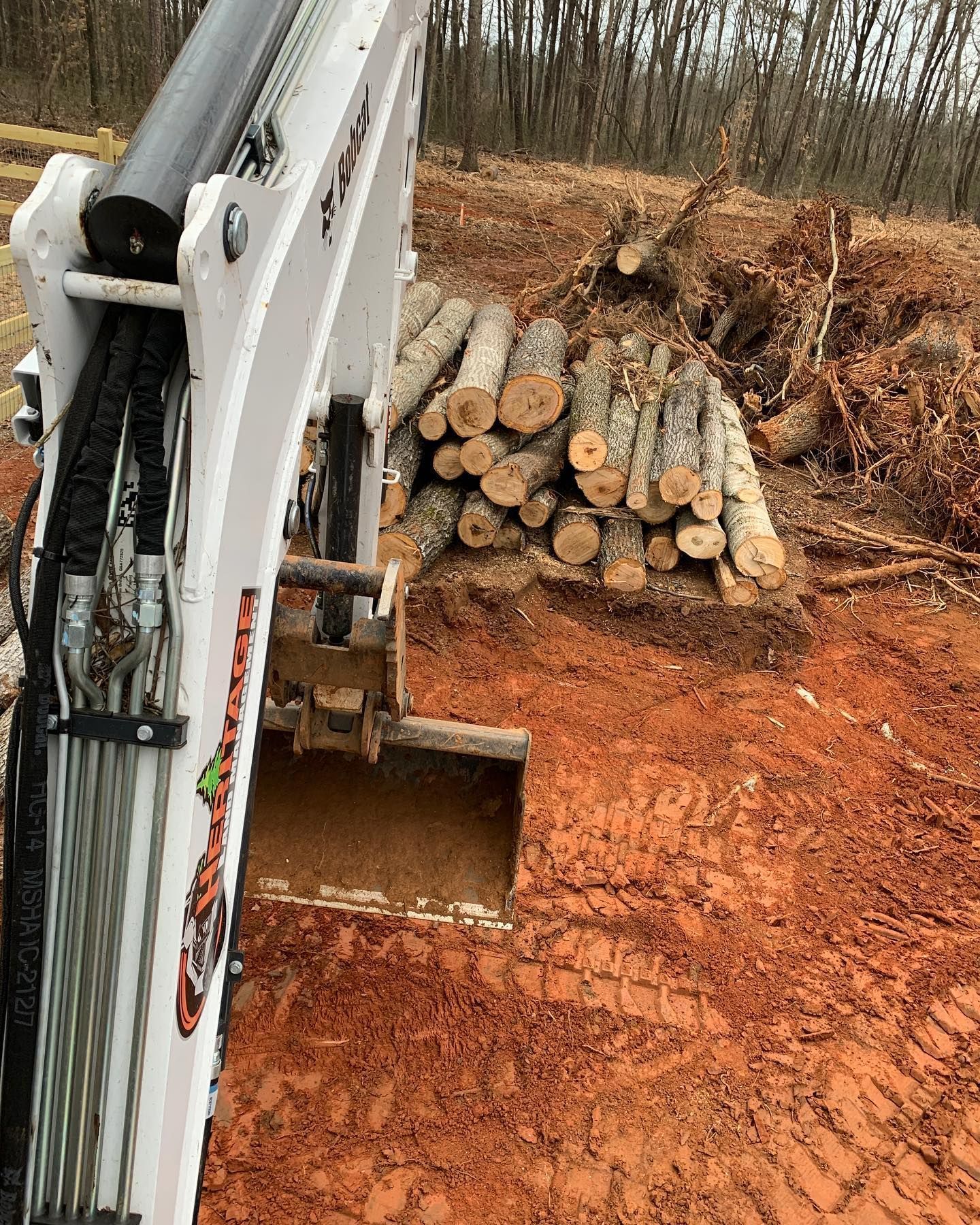 Bobcat excavator next to a pile of logs in a red-dirt clearing, preparing to move the wood.