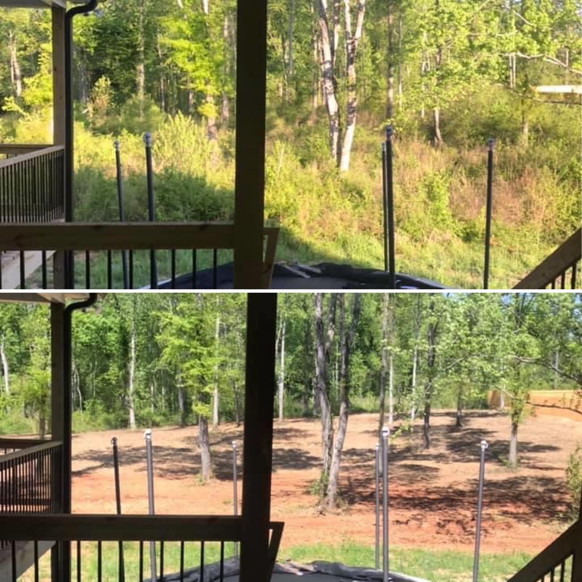 Top and bottom views from a porch looking onto a grassy area with trees and poles. Construction or landscaping visible.