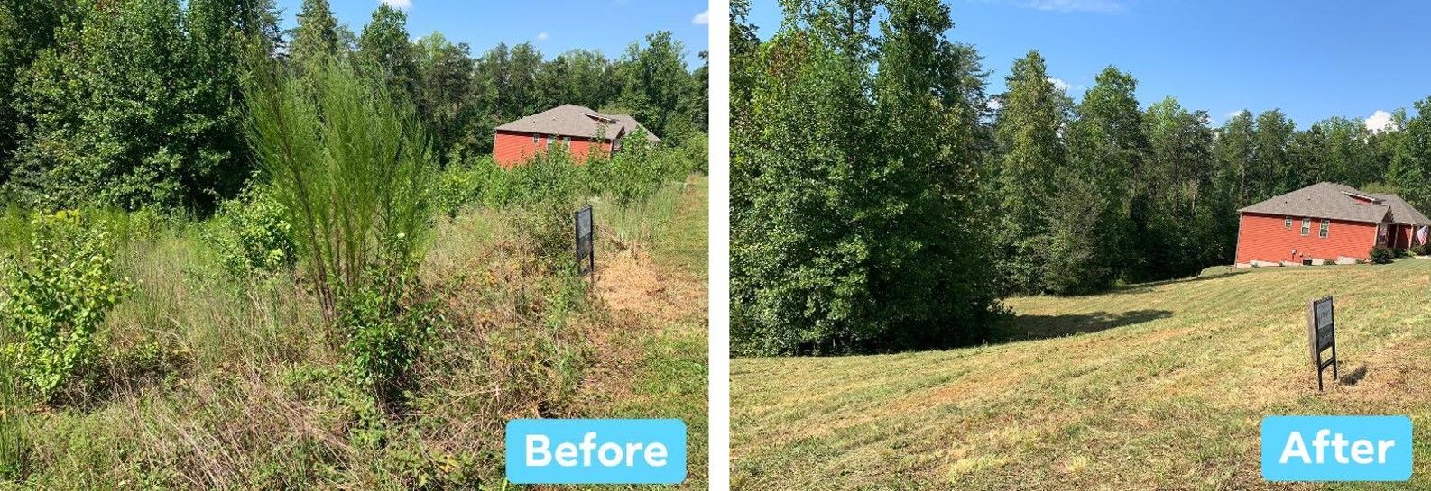 Side-by-side comparison of a yard before and after landscaping: overgrown weeds versus mowed grass.