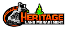 Logo for Heritage Land Management. White skid steer, orange accents, green tree icon, text "Heritage Land Management."