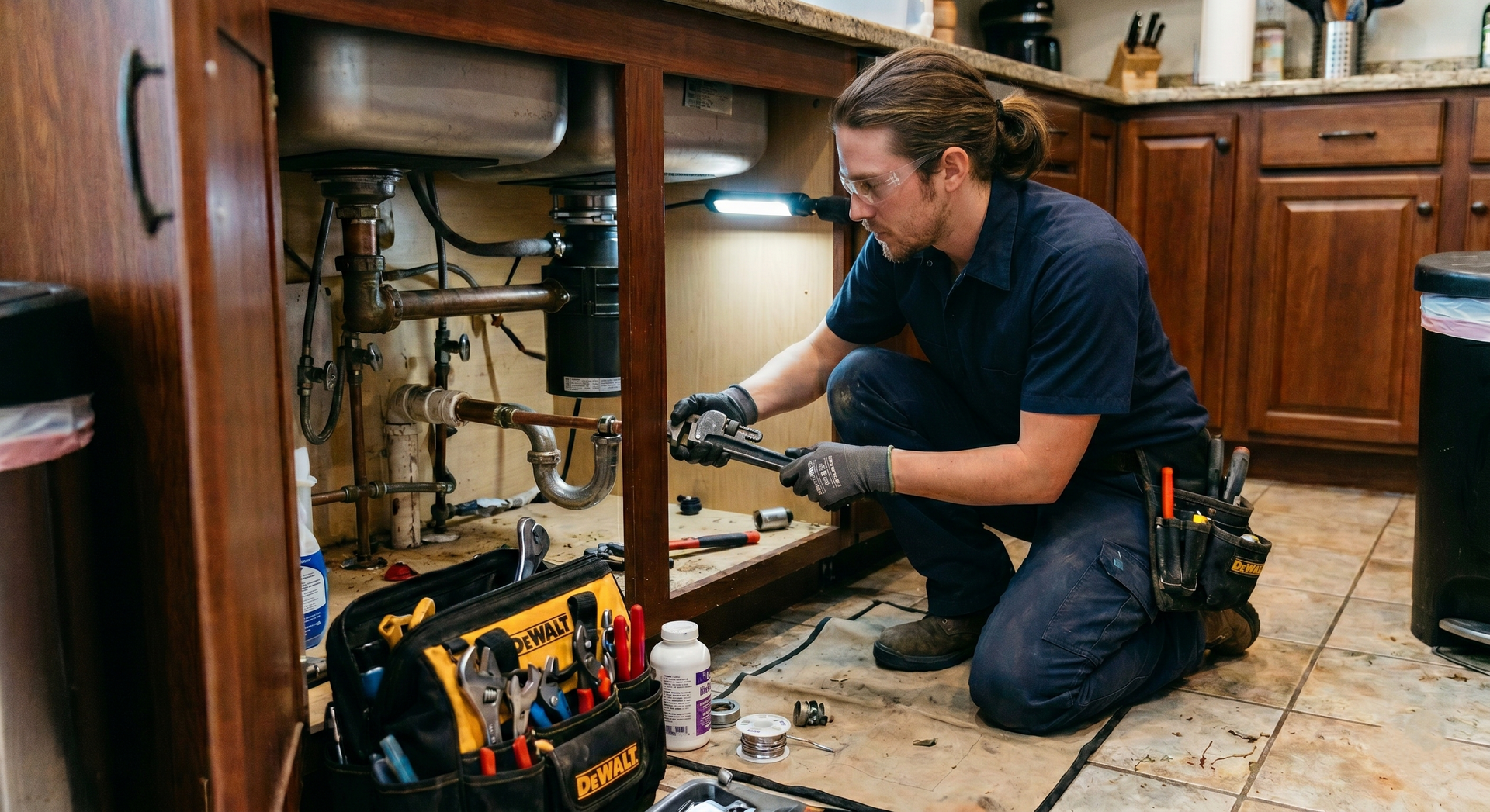 Plumber kneeling under a kitchen sink, inspecting plumbing with tools in an open cabinet.
