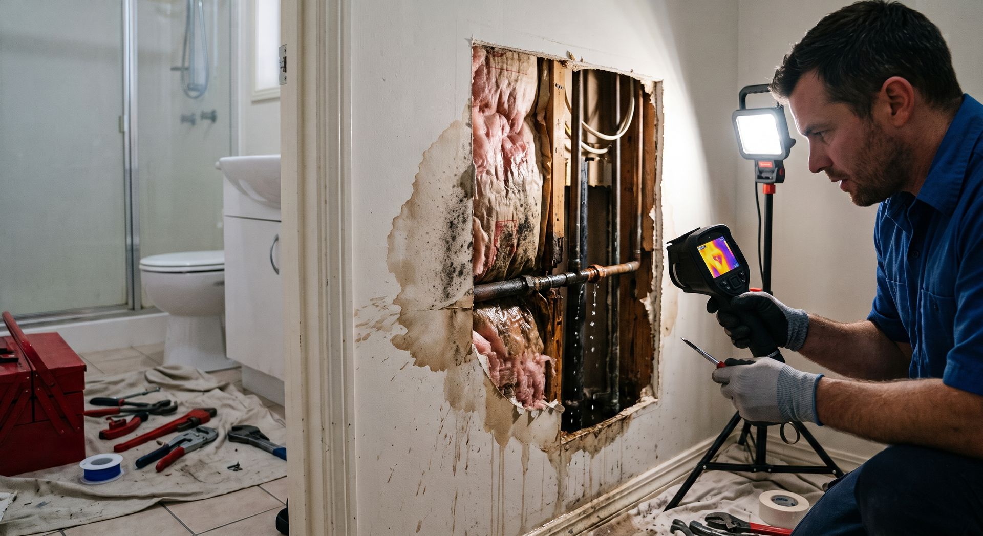 Technician inspecting exposed wall wiring with a thermal camera in a damaged room
