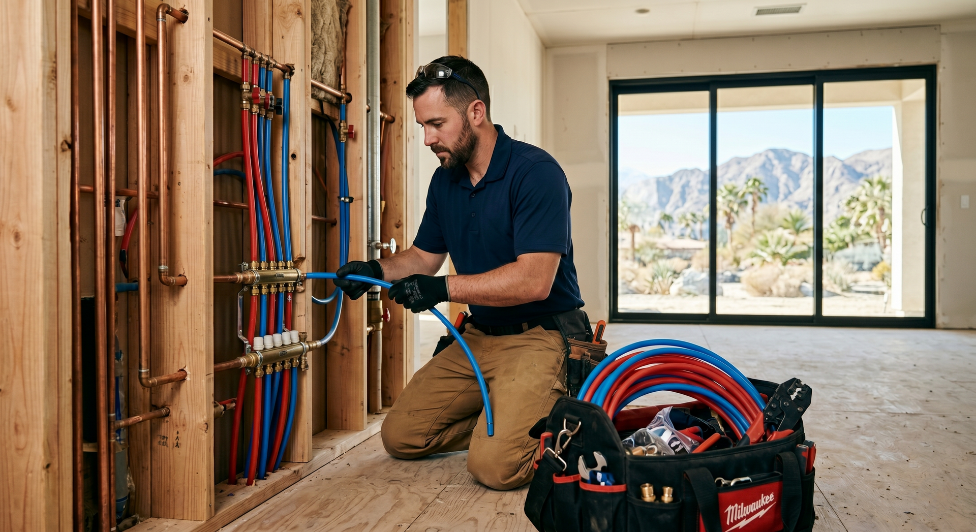 Electrician wiring a wall panel in a bright home interior, with tools and colorful cables nearby