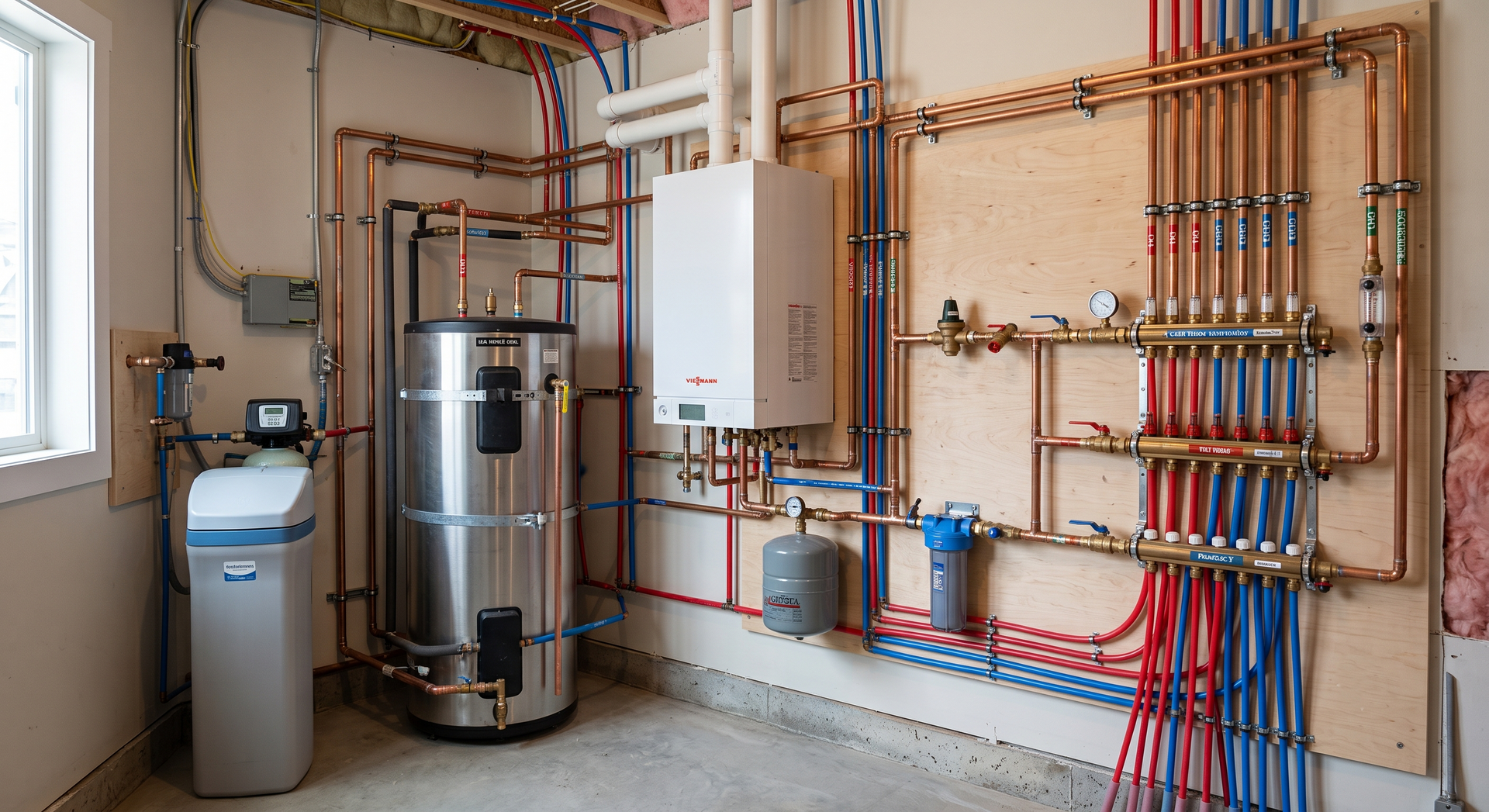 Utility room with water heater, boiler, and copper plumbing pipes along the wall.