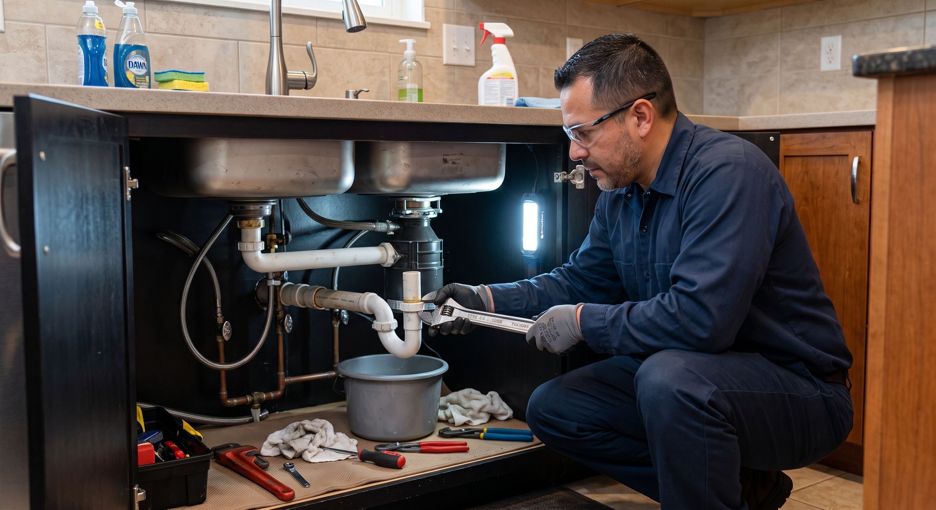 Man kneels under a kitchen sink, repairing plumbing with tools in a cabinet space.