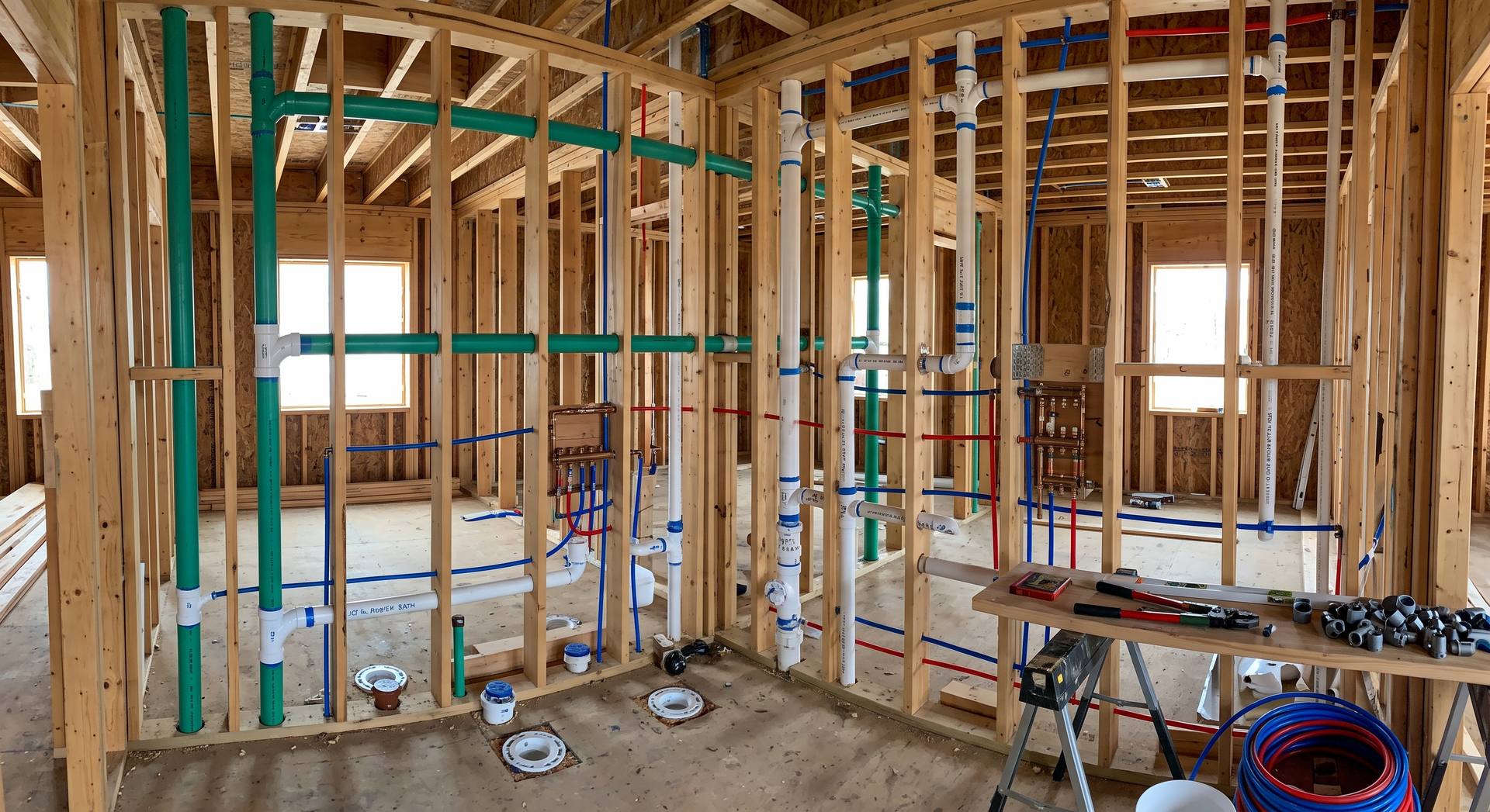 Interior of a house under construction with exposed wooden framing and plumbing pipes.