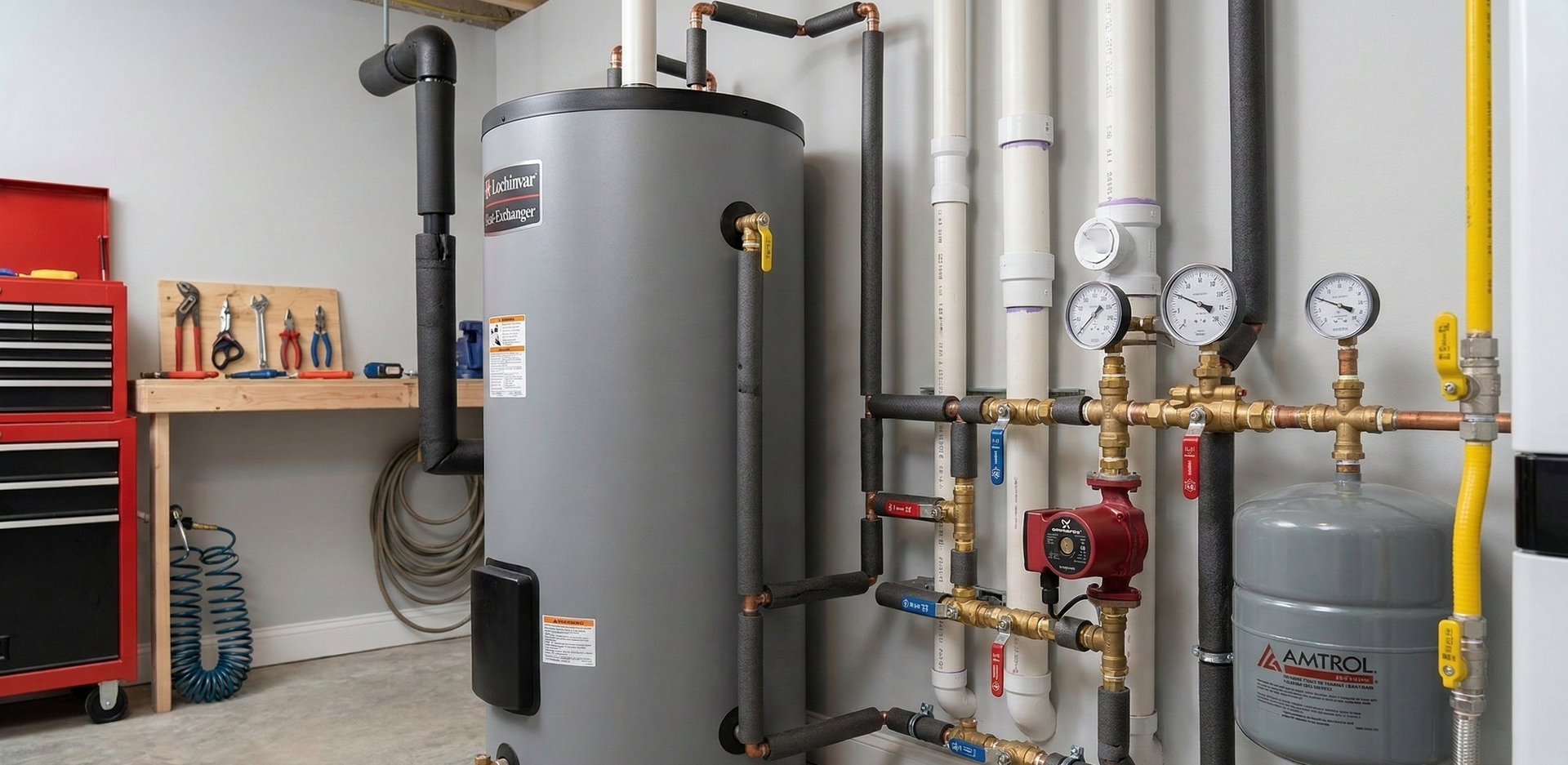 A water heater and boiler plumbing system with gauges, valves, and a red pump in a workshop or utility room.