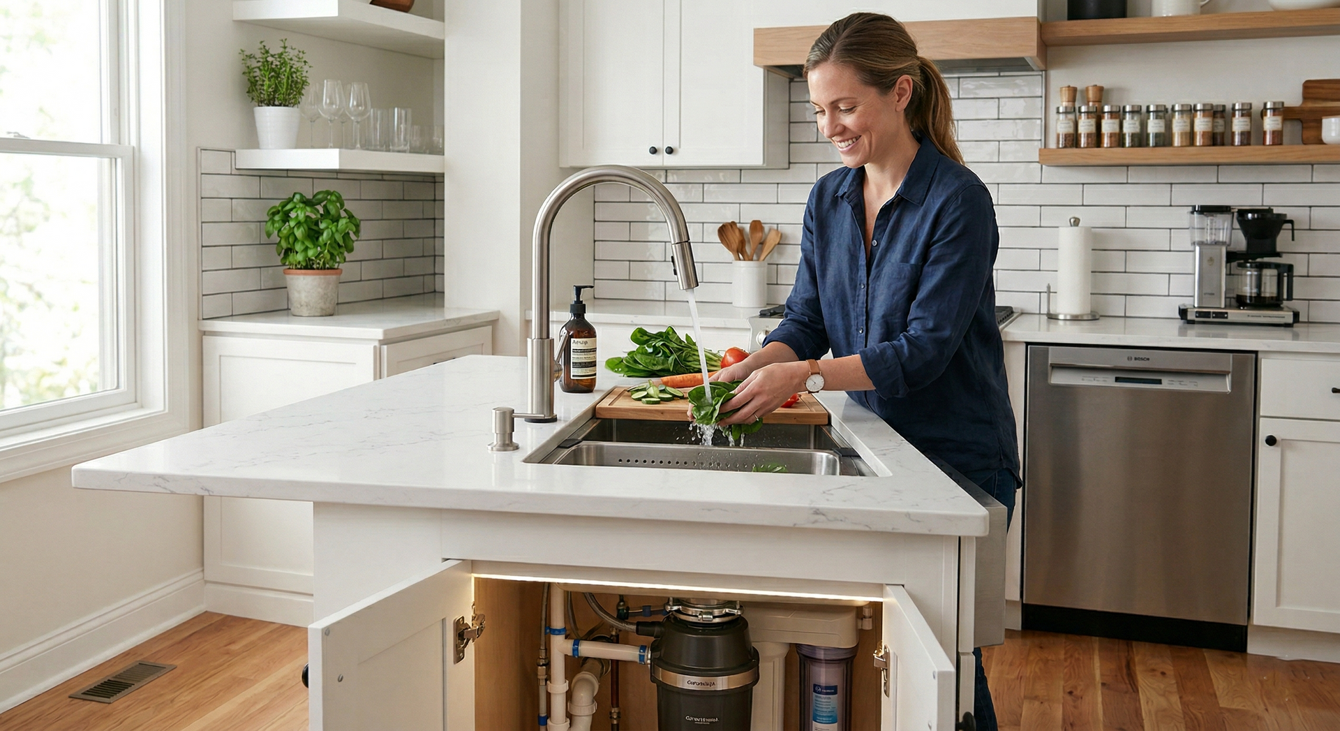 A person smiling as they rinse produce in a kitchen island sink, with the plumbing and garbage disposal visible below.