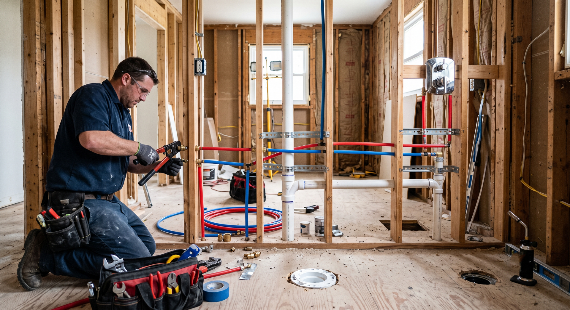 Worker using a power drill in an unfinished room with exposed wood framing and plumbing.