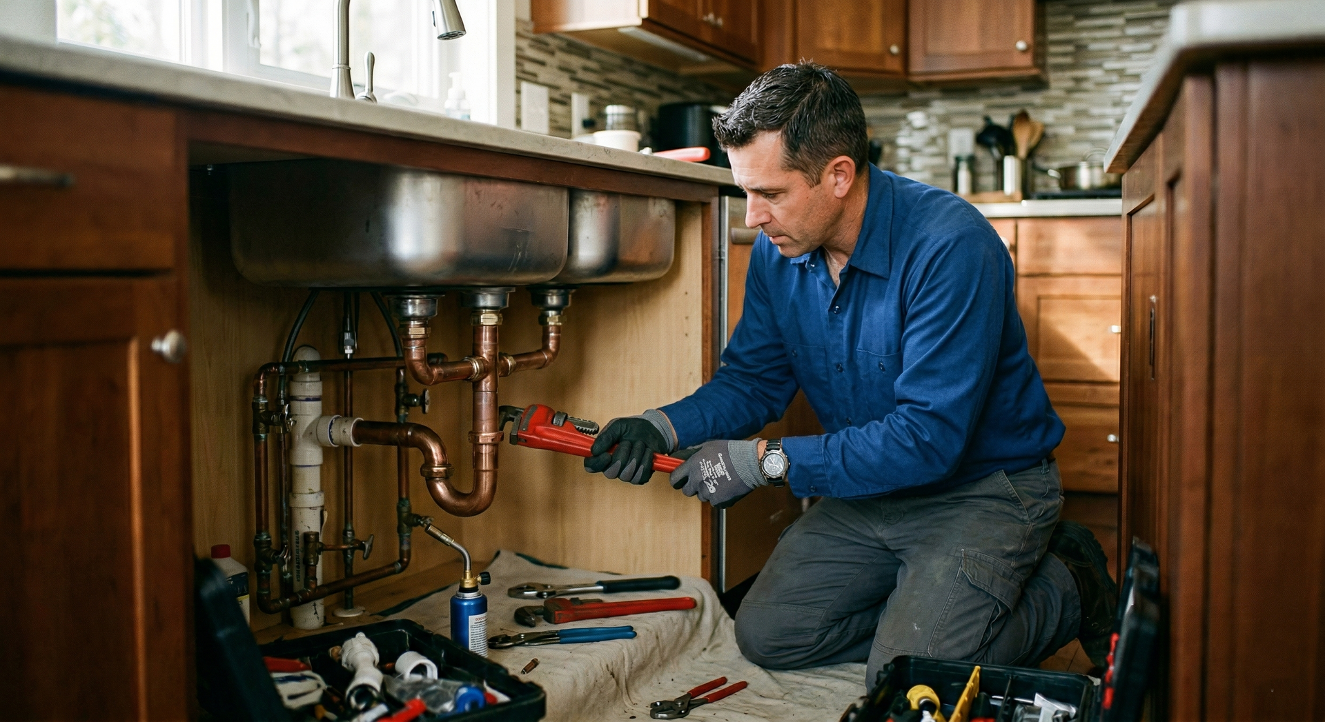 A person in a blue shirt kneels under a kitchen sink, using a pipe wrench to repair the plumbing.