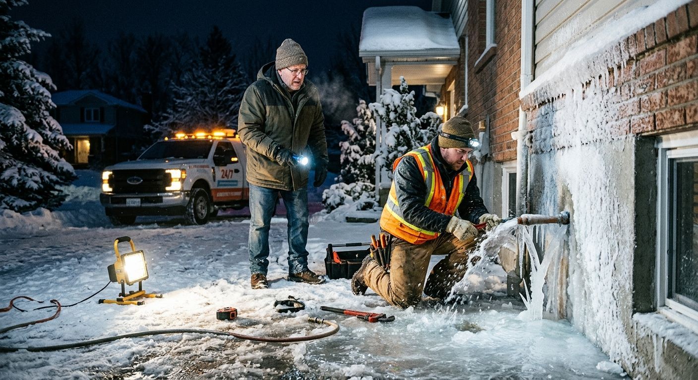 Two workers repair a snowy house exterior at night, with tools and a truck nearby.