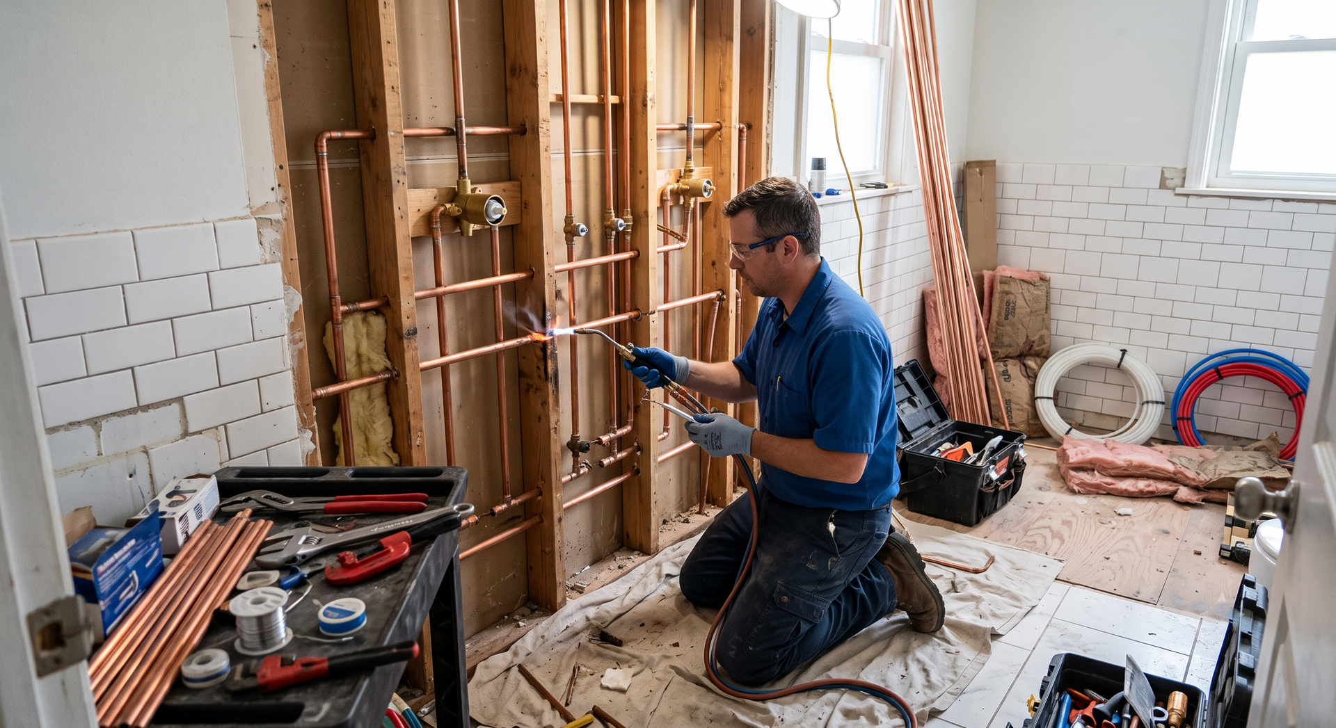 Worker kneeling with blue gloves, installing copper pipes in a partially renovated room with exposed brick and debris.