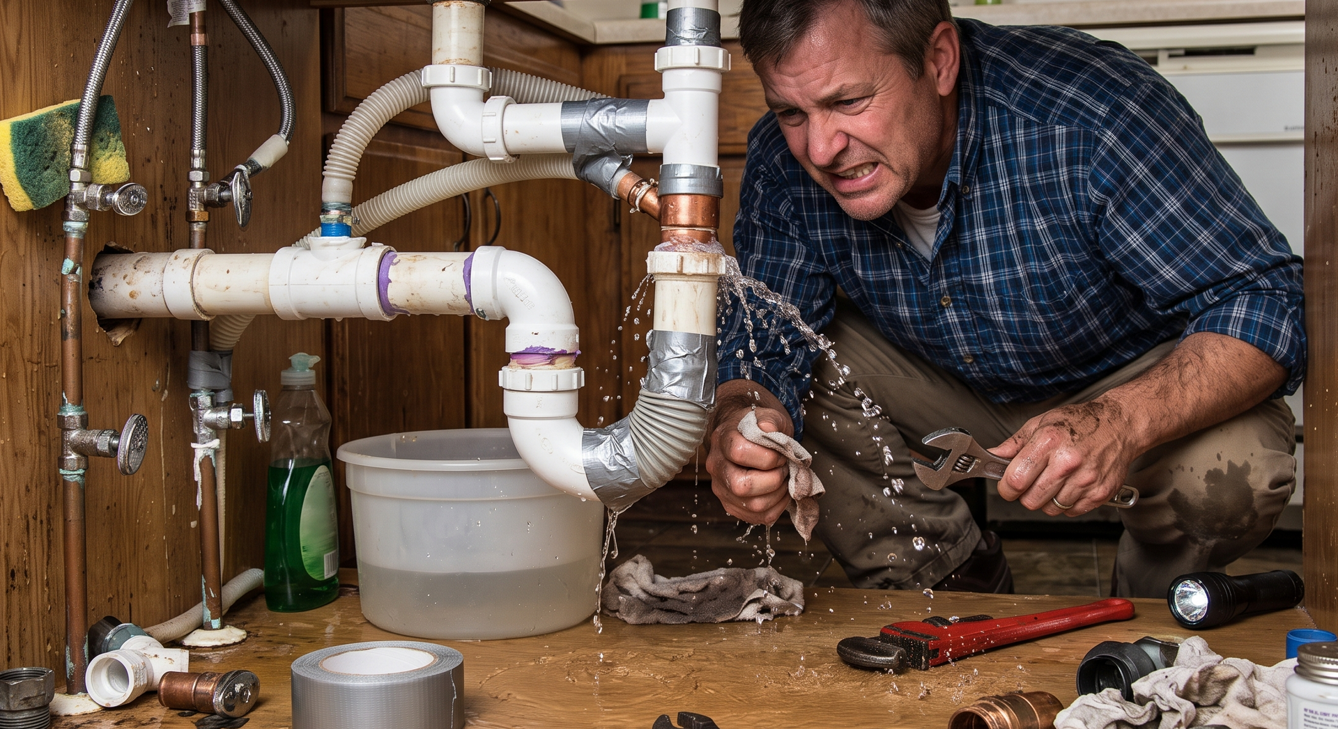 Plumber repairing a leaking pipe under a sink, water spraying onto the floor in a cluttered utility space