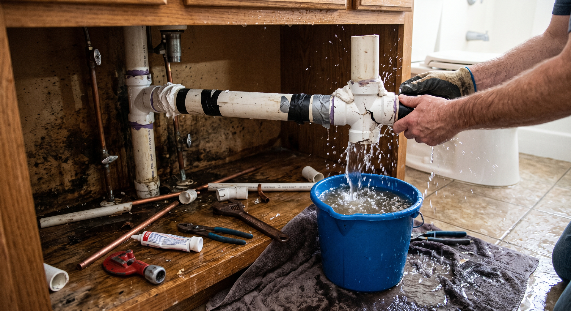 Plumber tightening a PVC pipe under a sink while water splashes into a blue bucket