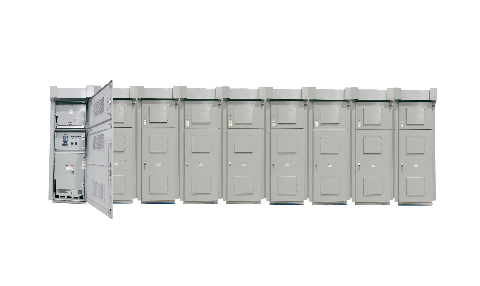 Row of gray electrical cabinets and panels in a utility setting