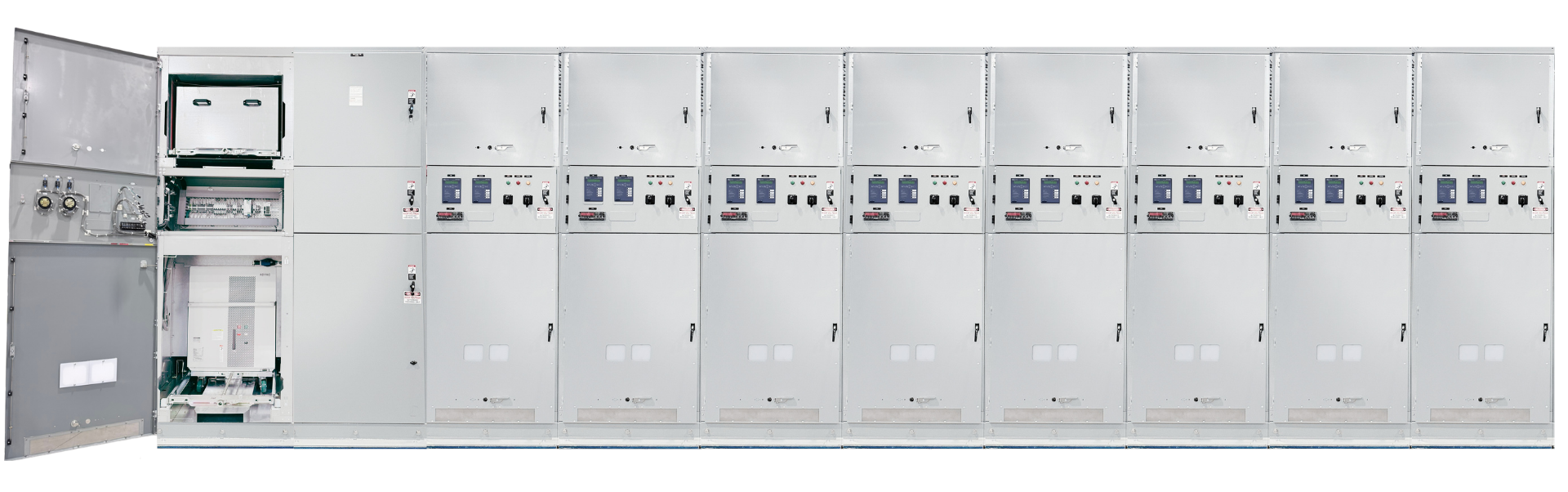 Row of white electrical control cabinets with a larger open panel on the left