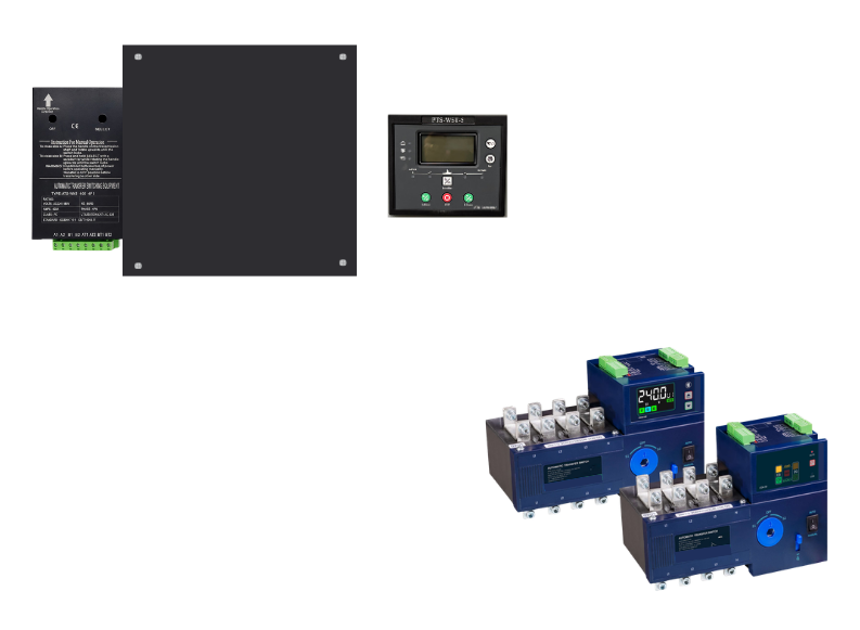 Industrial control equipment and two blue motor starter units on a white background