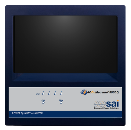 Blue and white power quality analyzer with a large dark display and front control buttons