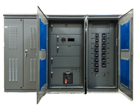 Open electrical control cabinets with circuit breakers and blue insulation lining the doors