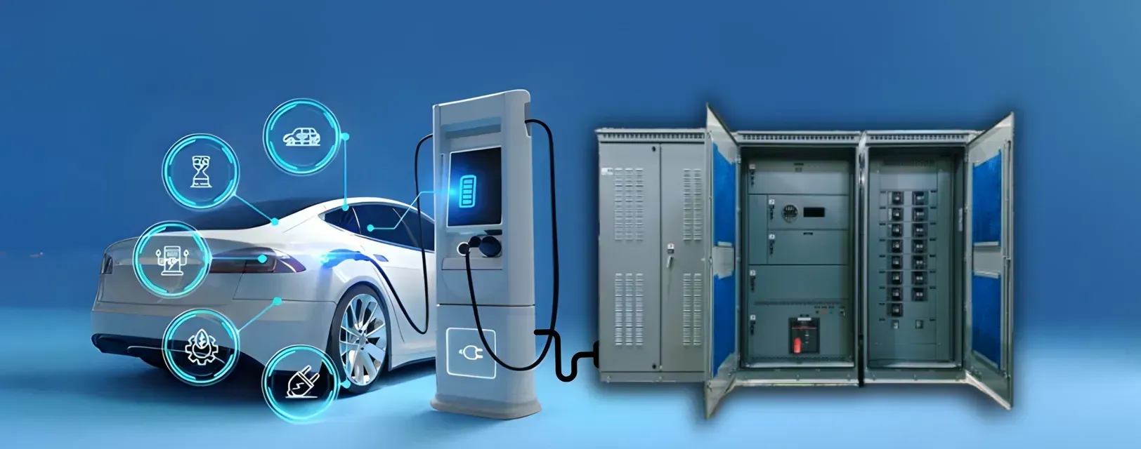 Electric car charging at a station beside an open power cabinet, with blue energy icons and cables visible