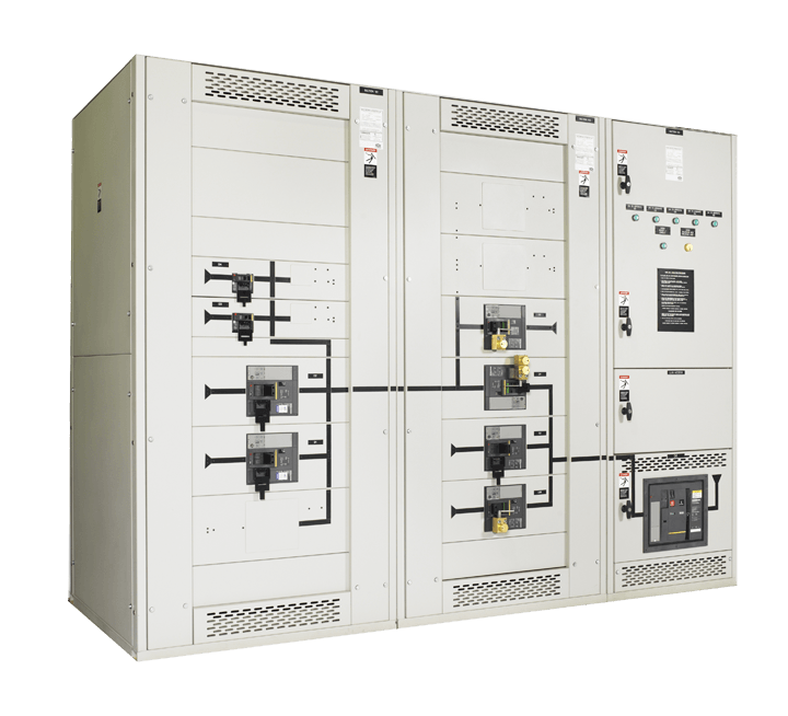 A large white cabinet with a lot of switches on it